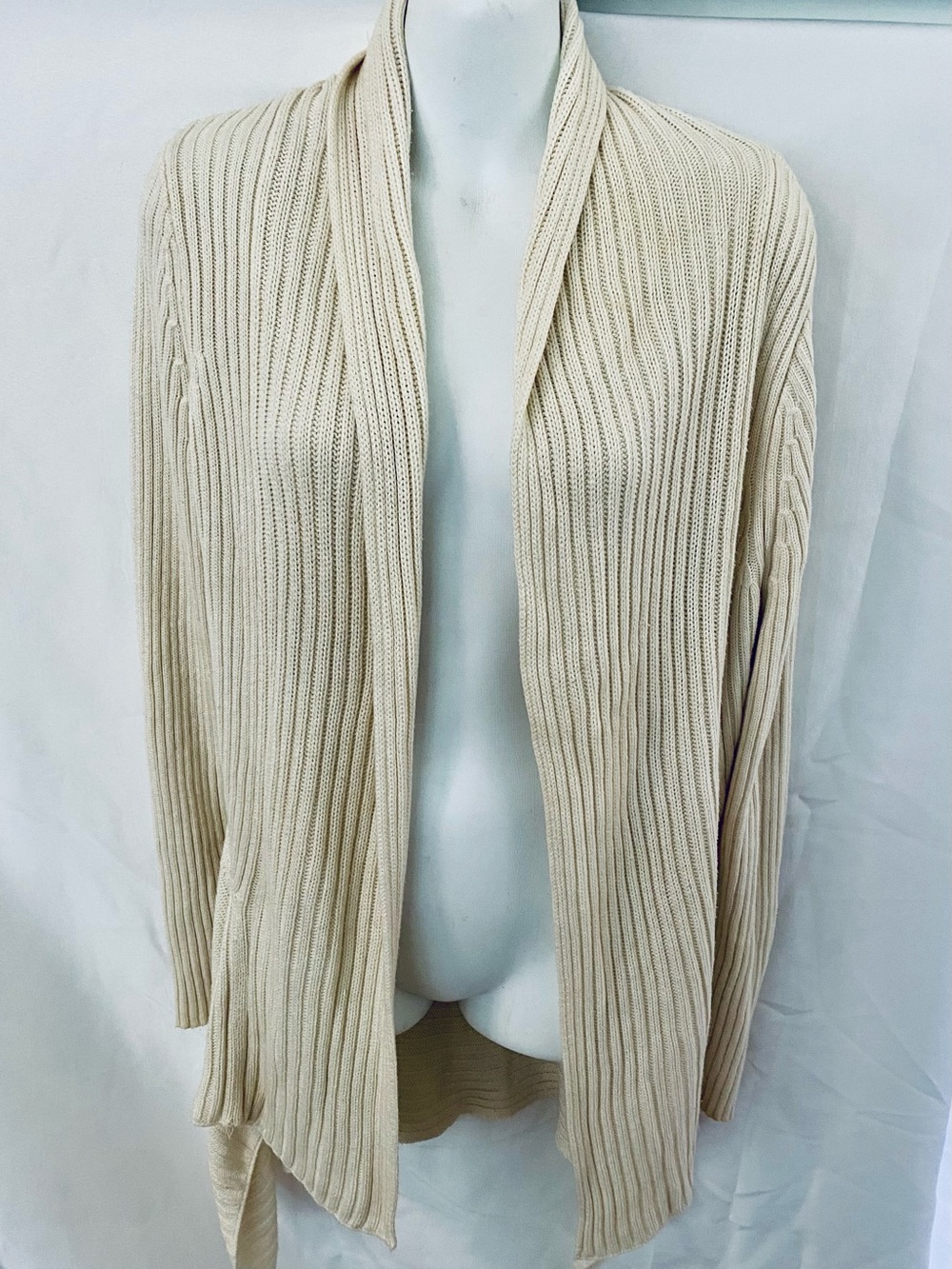 Merona Medium Weight Ribbed Knit Cream Open-Front Asymmetrical Hem Cardigan, S